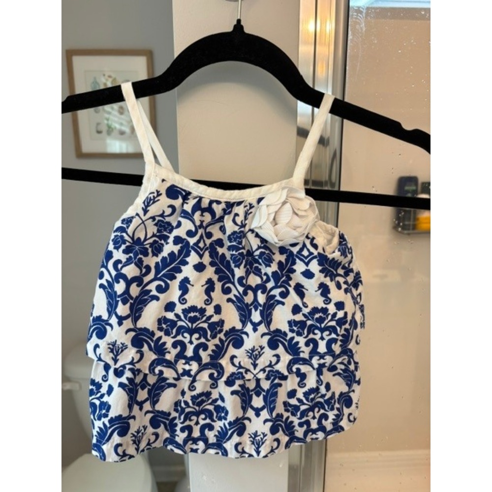Janie and Jack Girls 2T Blue White Damask Peplum Tank Top Cotton Floral Applique